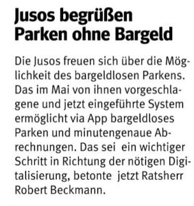 Zeitungsartikel zum Handyparken, in dem sich SPD und Juso mit fremden Federn schmücken