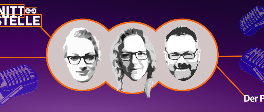 Titelbild von Schnittstelle – Der Podcast. Zeigt die Gesichter von Maria, Elaine und Stefan und drei Mikrofone