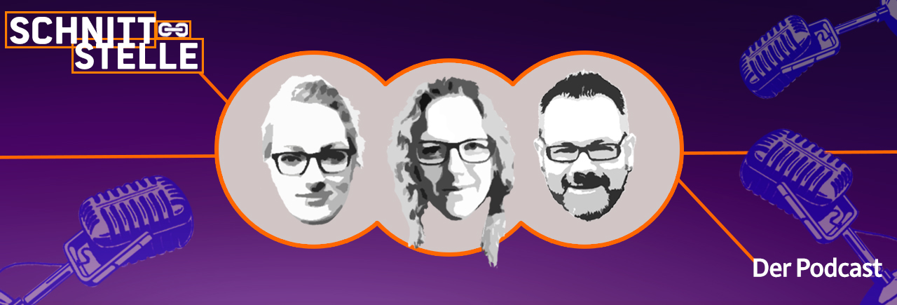 Titelbild von Schnittstelle – Der Podcast. Zeigt die Gesichter von Maria, Elaine und Stefan und drei Mikrofone