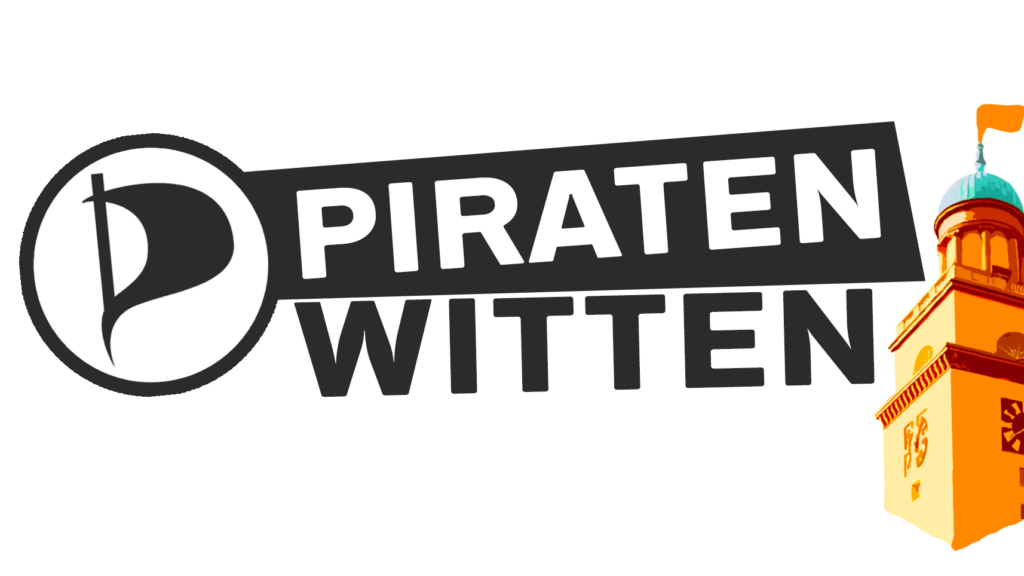 Logo der Piraten Witten: Links Schriftzug „Piraten Witten“, rechts der Wittener Rathausturm mit einer orangenen Fahne auf der Turmspitze.