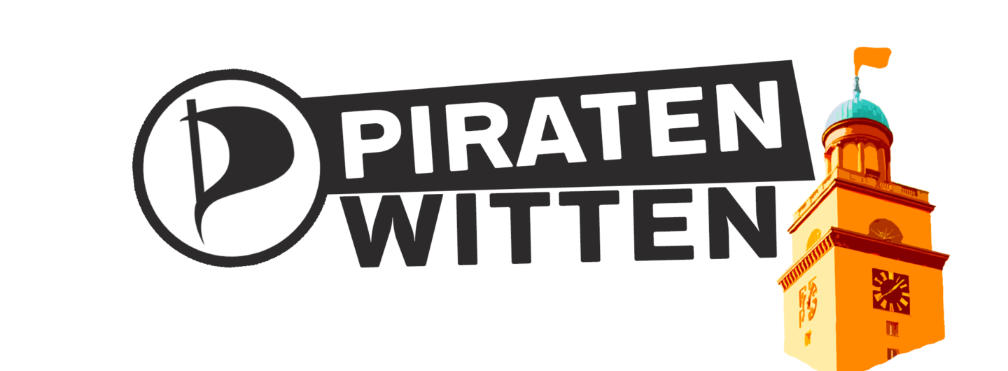 Logo der Piraten Witten: Links Schriftzug „Piraten Witten“, rechts der Wittener Rathausturm mit einer orangenen Fahne auf der Turmspitze.