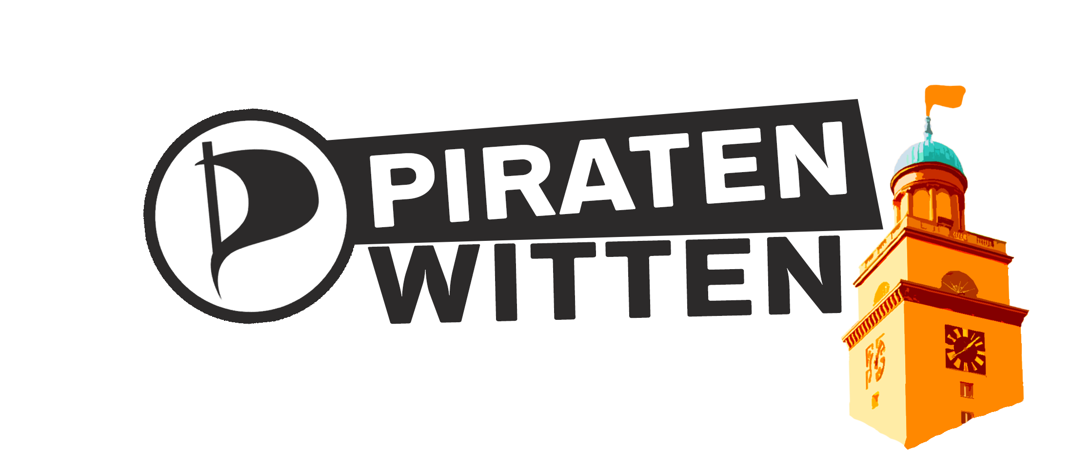 Logo der Piraten Witten: Links Schriftzug „Piraten Witten“, rechts der Wittener Rathausturm mit einer orangenen Fahne auf der Turmspitze.