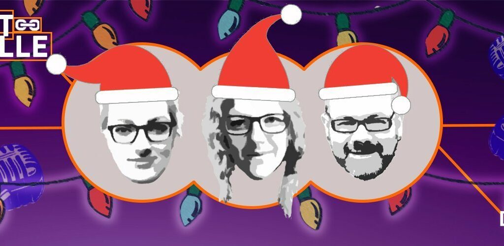 Schnittstelle Titelbild in der Weihnachts-Edition: Elaine, Maria und Stefan haben eine Weihnachtsmann-Mütze auf und im Logo sind bunte Lichterketten zu sehen