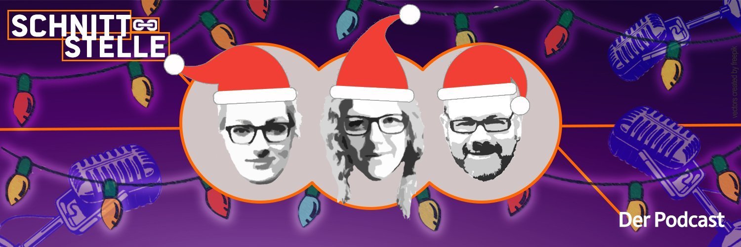 Schnittstelle Titelbild in der Weihnachts-Edition: Elaine, Maria und Stefan haben eine Weihnachtsmann-Mütze auf und im Logo sind bunte Lichterketten zu sehen