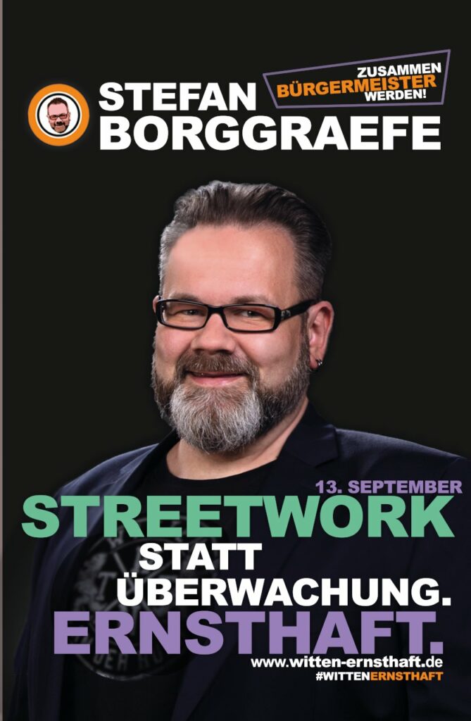 Wahlplakat der Piratenwahl zur Stadtratswahl in Witten 2020. Text: „Streetwork statt Überwachung.“
